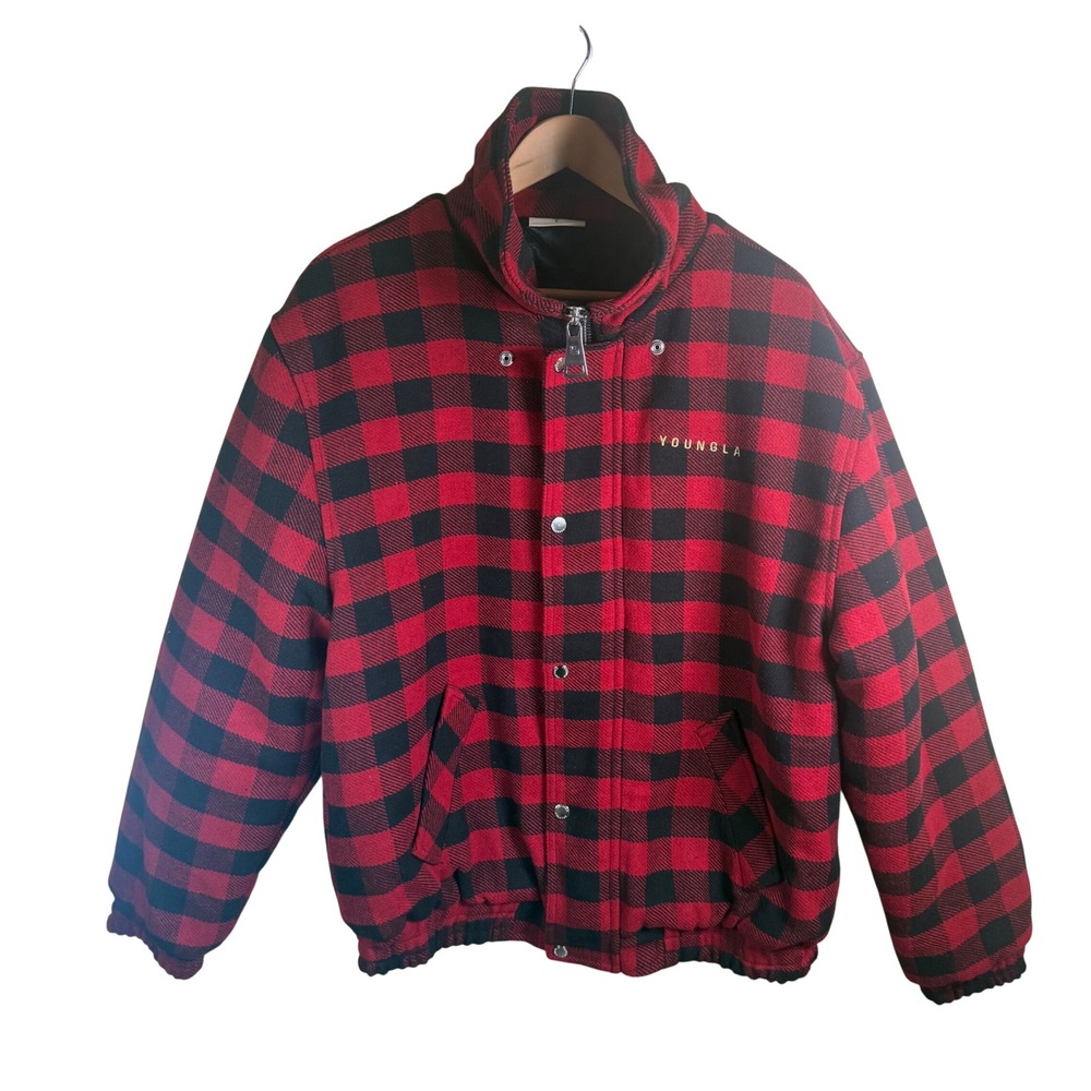 YoungLA Kingpin Jacket Mens Large Red Black Plaid #563 Buffalo Check Streetwear
